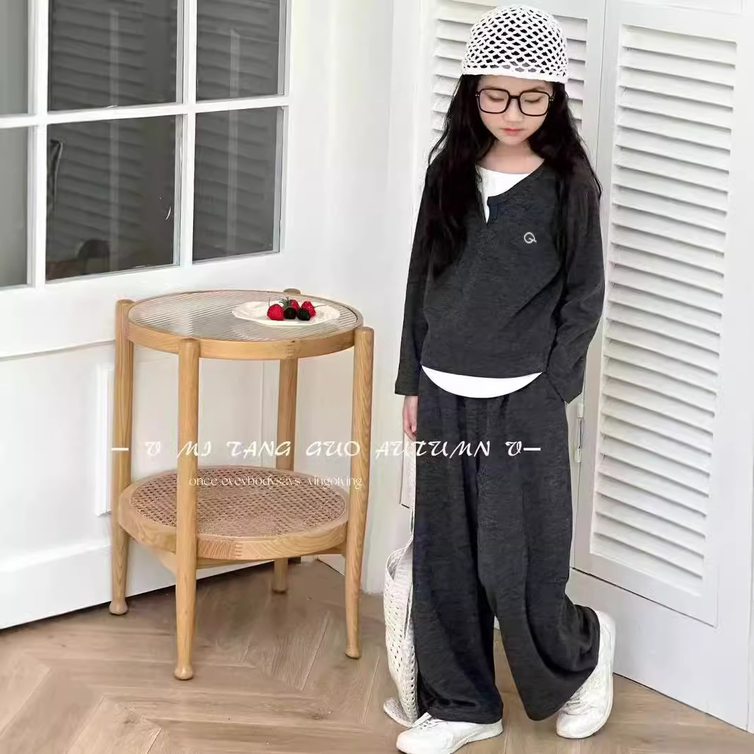 2024女童休闲套装软糯阔腿裤女童气质秋季新款修身长袖假两件深灰