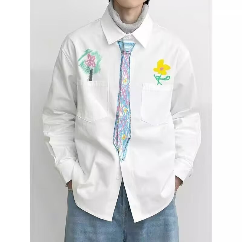 남성용 재미있는 그래피티 긴팔 셔츠, 청소년 트렌디 남성 고급 셔츠, 커플 해변복, 탑 대학