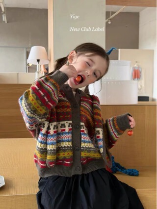 2026 Autumn New Children's Korean Style Vintage Jacquard Knit Sweater for Boys and Girls, New Casual Loose-Fit Cardigan Sweater Trendy