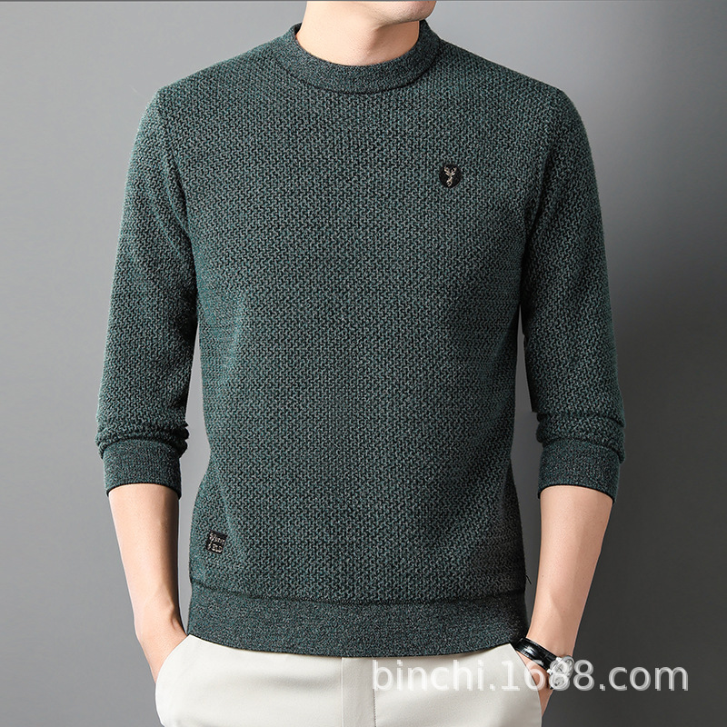 跨境外贸长袖男式毛衣2025年冬季中年时尚拼色加厚圆领针织打底衫