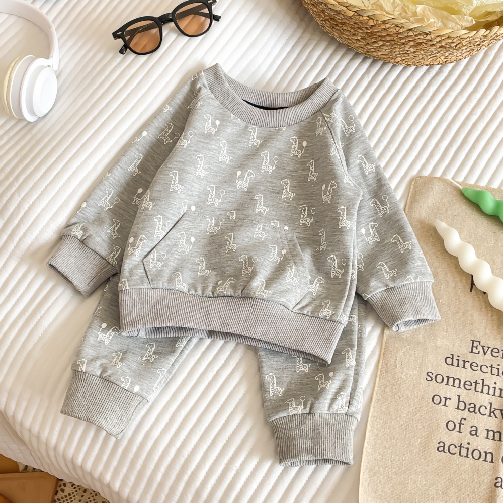 Cross-border 2024 Spring and Autumn Children's Cotton Long Sleeve Printed Sweatshirt Harlan Pants Boys and Girls European and American Sports Leisure 2-piece Set