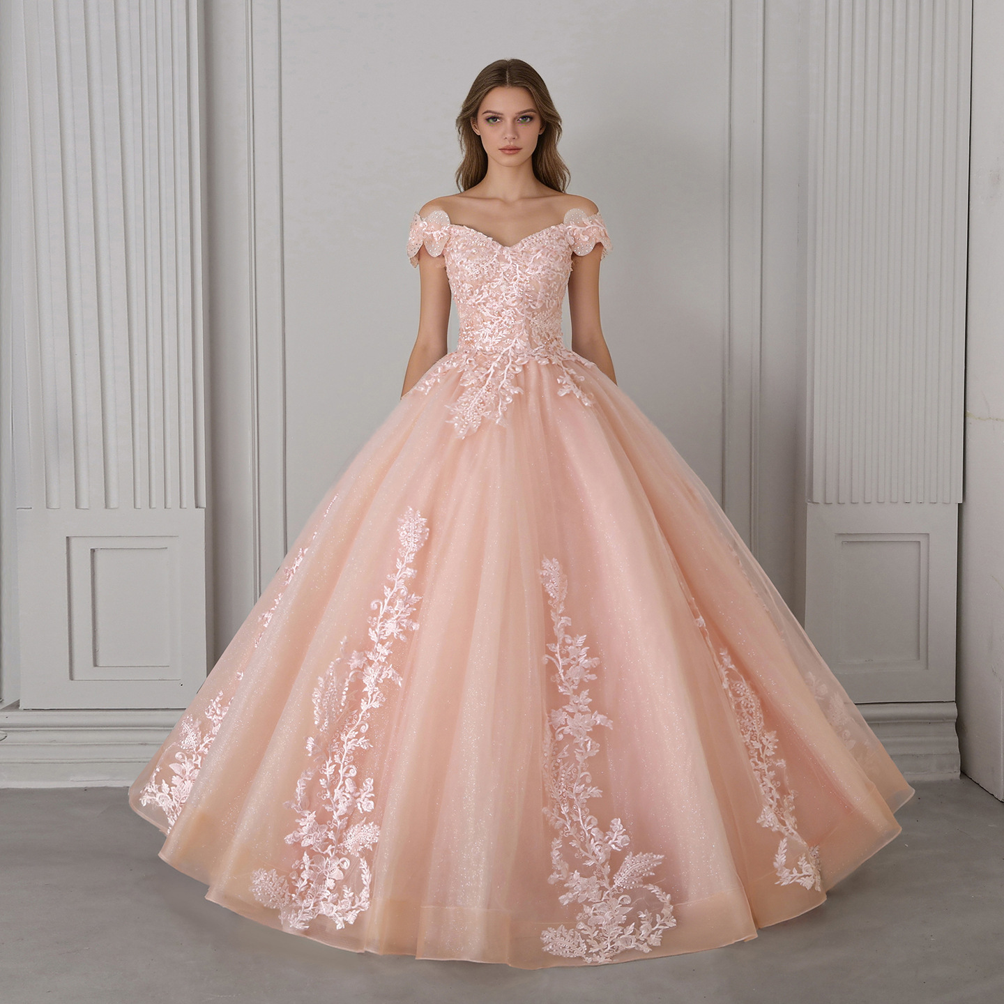 Foreign Trade European and American Nude Pink Heavy Lace One-Shoulder Tutu Skirt Adult Banquet Evening Dress Prom Performance Clothing Factory