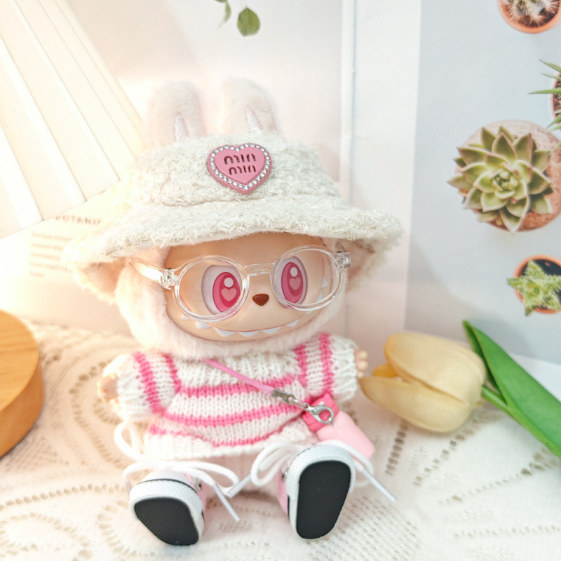 17 センチメートルビニールぬいぐるみマカロンラブブ LABUBU ベビー服ピンクのガーゼスカートヘアアクセサリー交換服|undefined
