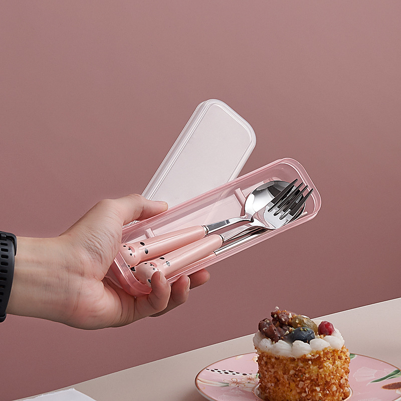 Cartoon-style portable fork, spoon, and chopsticks set in a travel case for students and children, made of stainless steel
