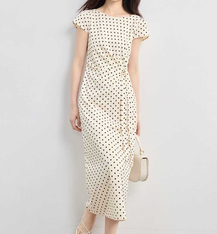 Đầm maxi nữ tay ngắn họa tiết chấm bi phong cách Pháp, eo xếp li buộc dây — Điểm đen Apricot Bottom chi tiết 4
