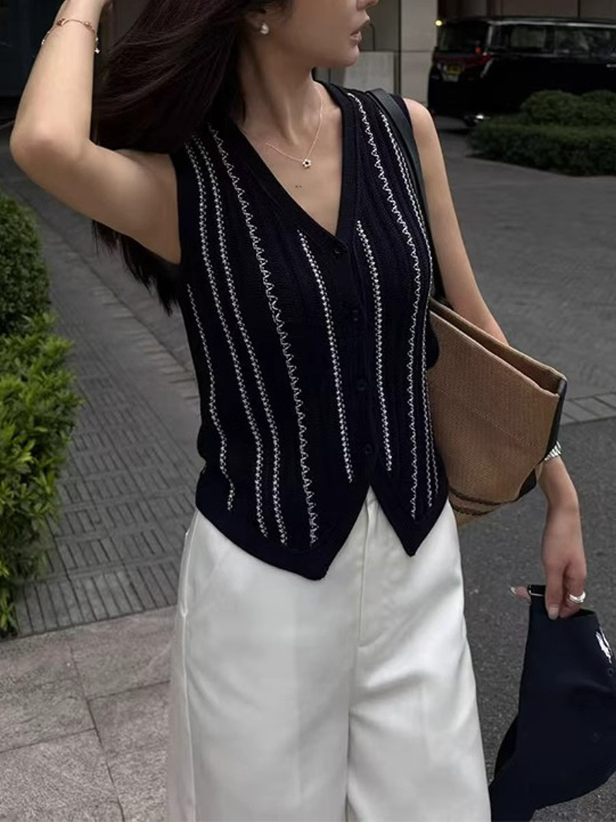 Áo gile dệt kim sọc xanh cổ chữ V phong cách vintage mặc ngoài mùa hè — Màu xanh lam