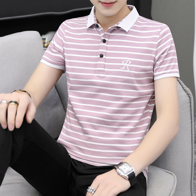 Camiseta de manga corta para hombre de verano Nueva camisa de polo de solapa a rayas Camisa de fondo casual coreana Top juvenil de moda