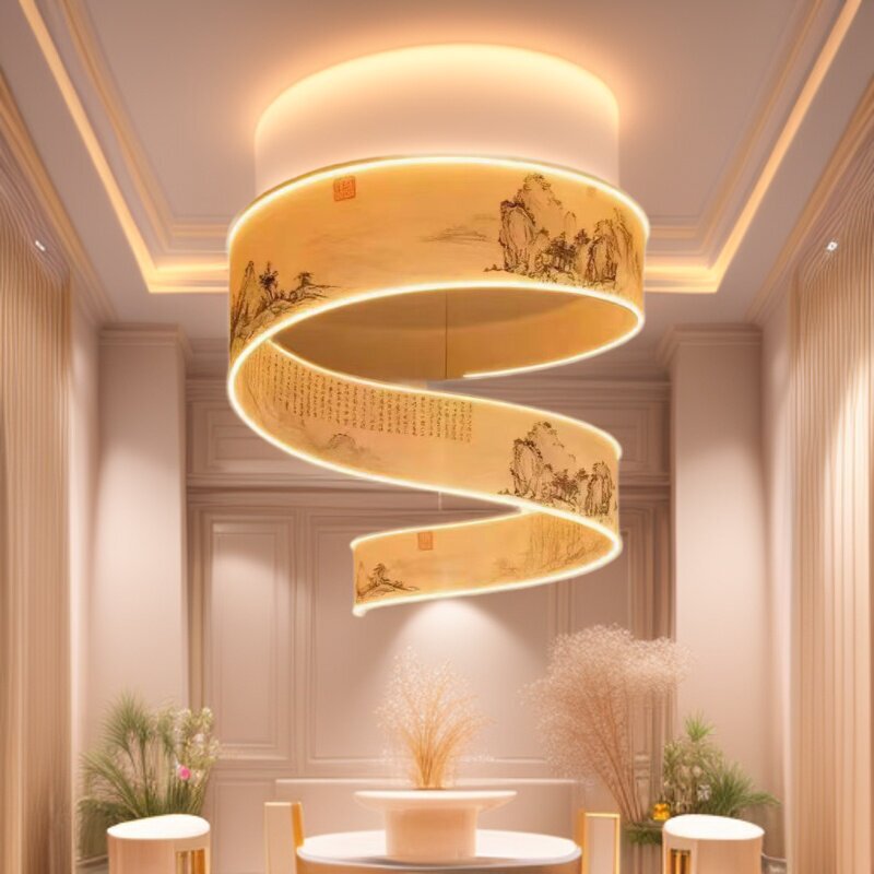 Song-Style Aesthetic Uv Ribbon Pendant Light for Living Room, Modern Minimalist Banquet Hall Chandelier, Villa Chinese-Style Hotel Decoration