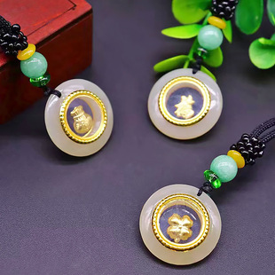 Gold Inlaid Jade Guanyin Pendant Pixiu Fortune-Turning Men's and Women's Safety Buckle Necklace Pure Gold Hetian Jade Maitreya Buddha Wholesale