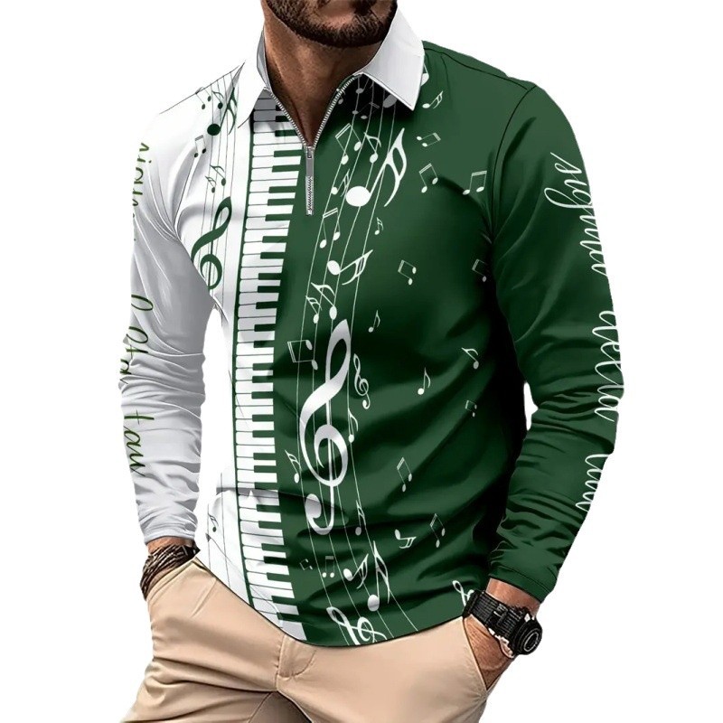 Venta caliente arte piano nota 3D impresión primavera y otoño hombre manga larga solapa suelta hombro cremallera camisa POLO