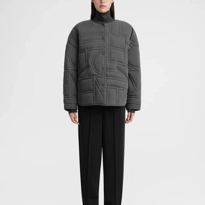 Nordic TOT hemp gray cotton-padded jacket women's geometric quilted plain relaxed-fit knitted jacket cotton-padded jacket for autumn and winter 24