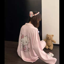 大码240斤胖mm冰雪丝缎面睡衣女KT猫可爱卡通250斤长袖长裤家居服