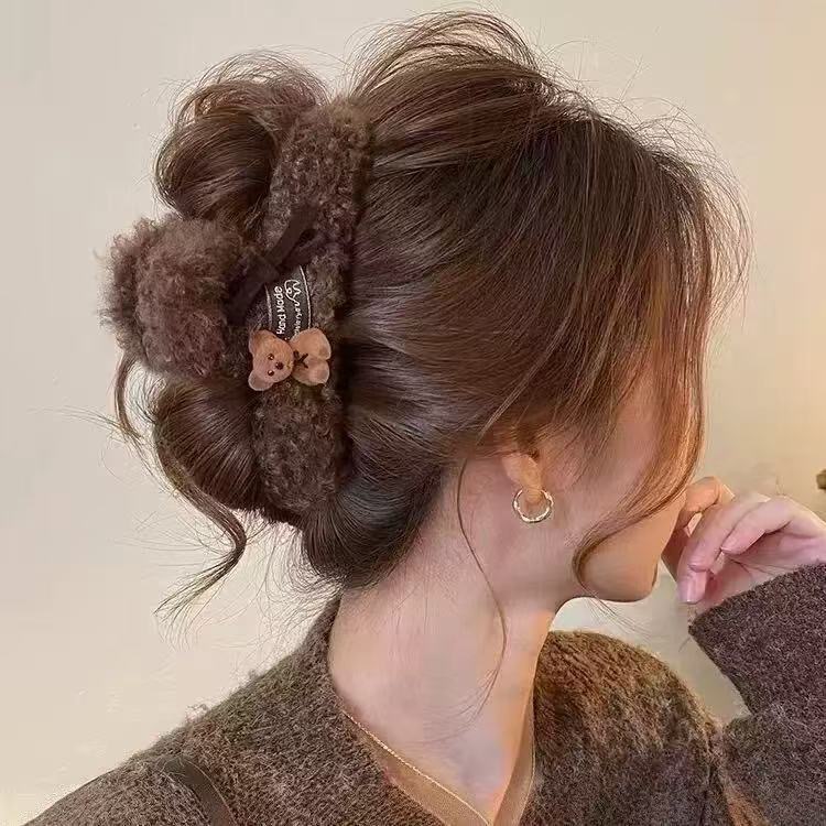 76#Double-sided flocked teddy bear with bow, brown plush, approximately 13cm