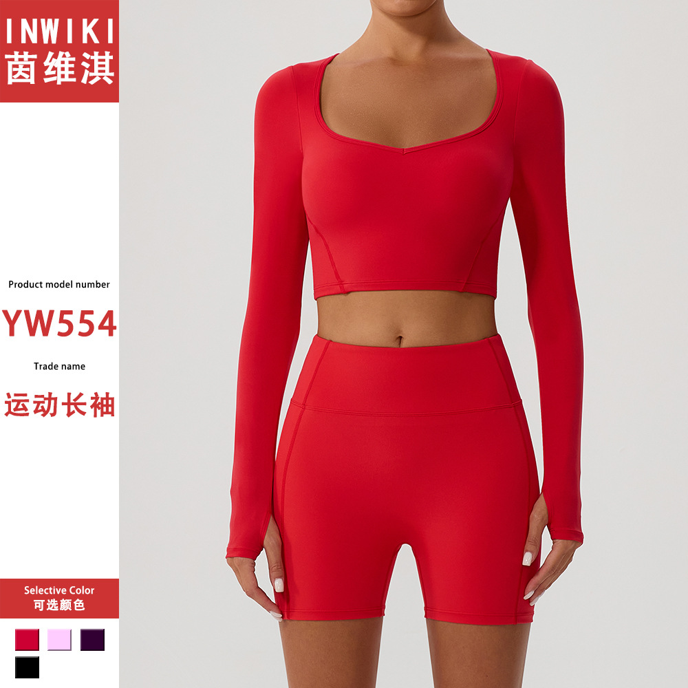 Yinweiqi New European and American Autumn and Winter Nude Yoga Wear Long-Sleeved Finger Dance Pilates Fitness Wear Tops for Women