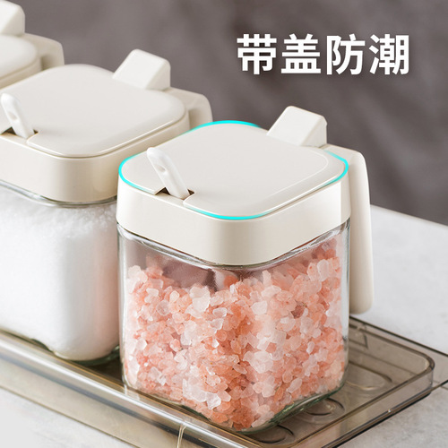 Self-designed kitchen seasoning jar glass salt jar with spoon seasoning storage box set household spoon lid separation