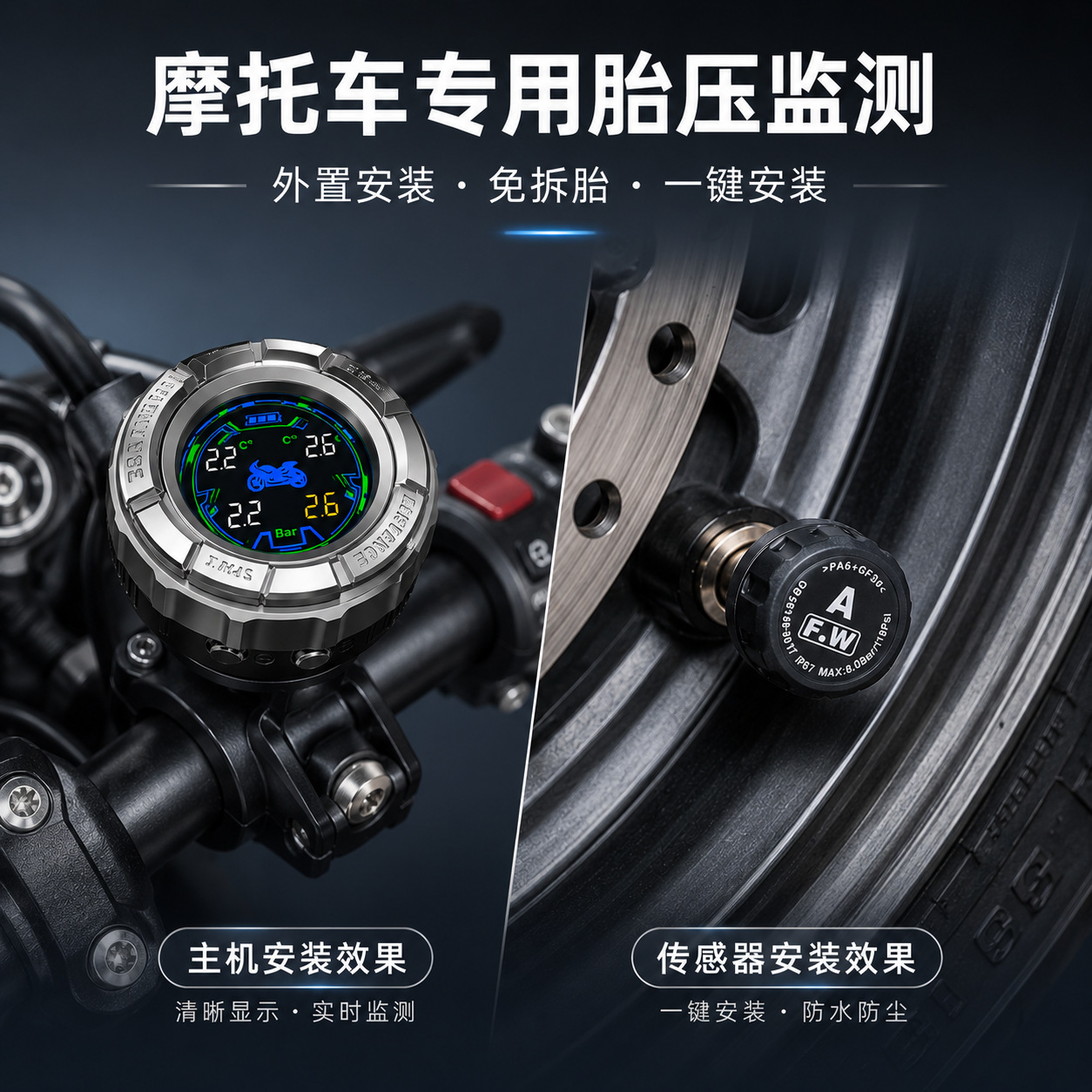 T02 Motorcycle Tire Pressure Monitor Mini Personalized Design High Precision Waterproof and Dustproof Pressure Monitoring System