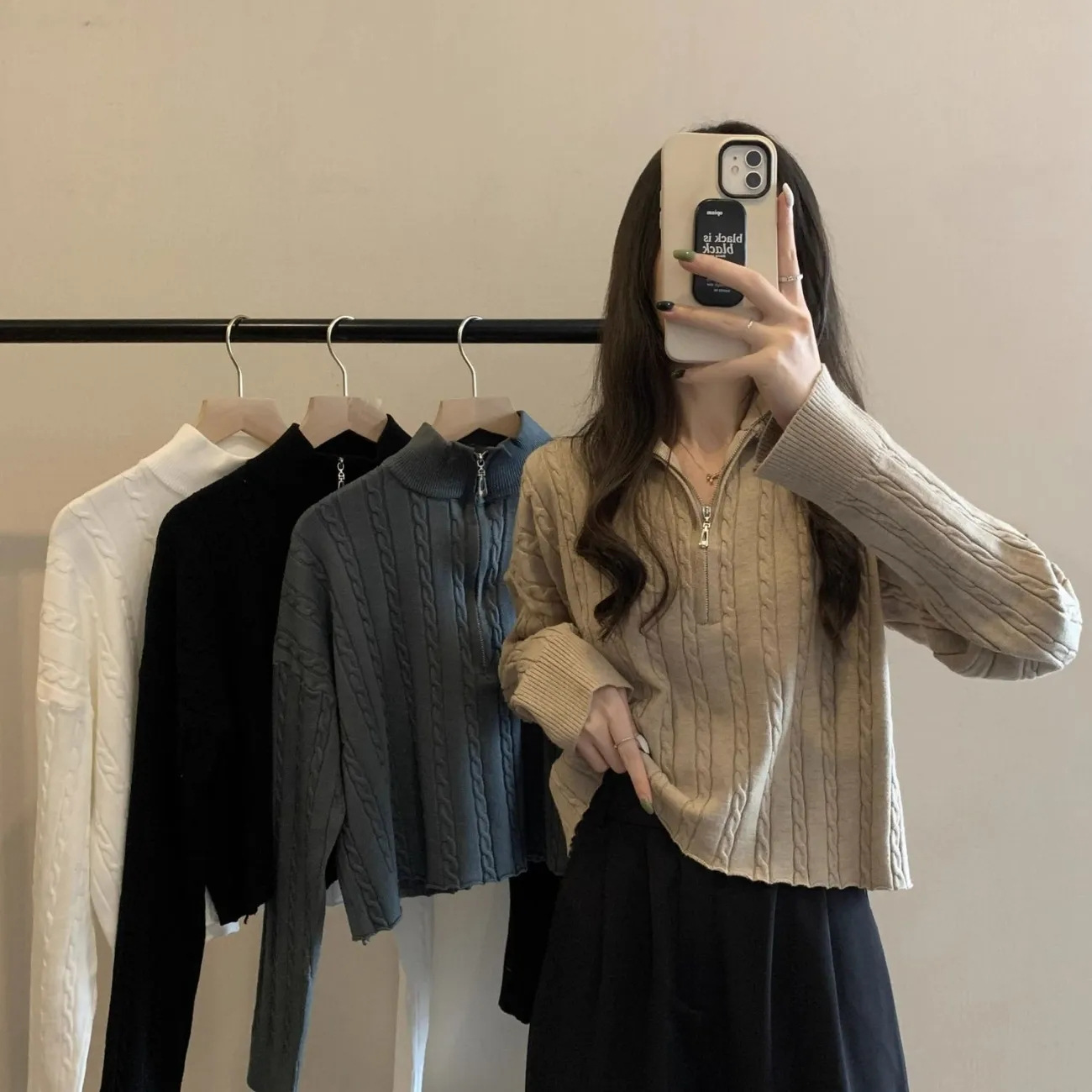 Ceptas mīklas vērpšanas rāvējslēdzēja korejiešu adīta augšdaļa, sieviešu rudens, garām piedurknēm, pusaugstas apkakles, maza, īsa apakšdaļa, džemperis_voghion.com