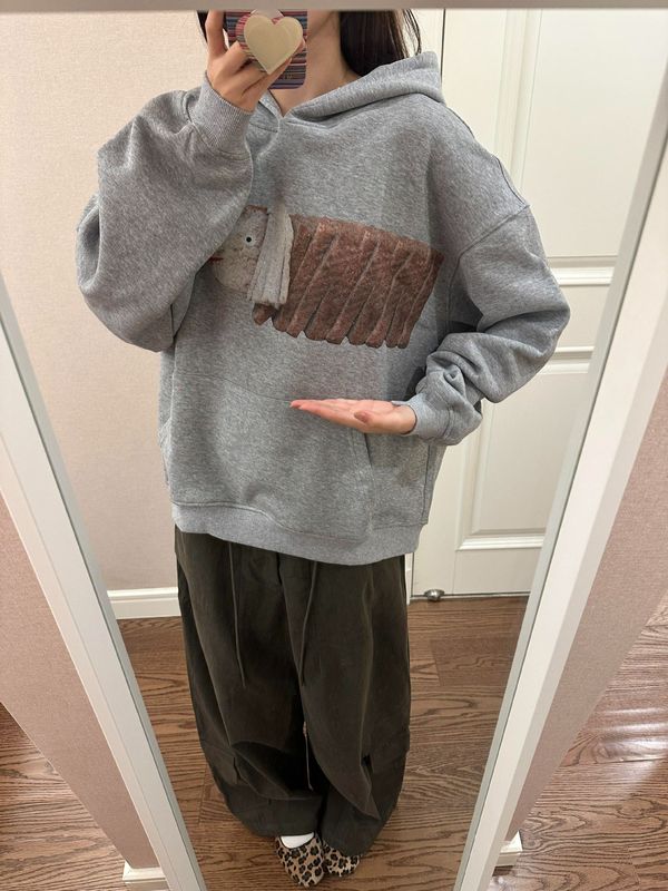美式复古小众趣味面包狗印花宽松连帽加绒卫衣女秋冬慵懒百搭上衣|undefined