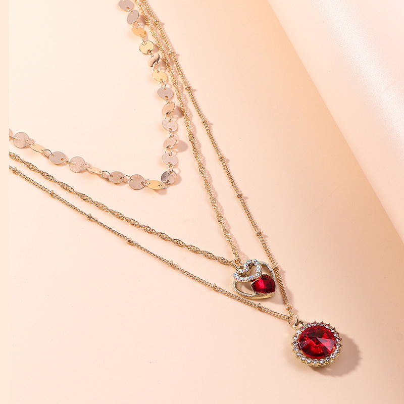 simple heart ruby pendant disc chain multi-layer necklace