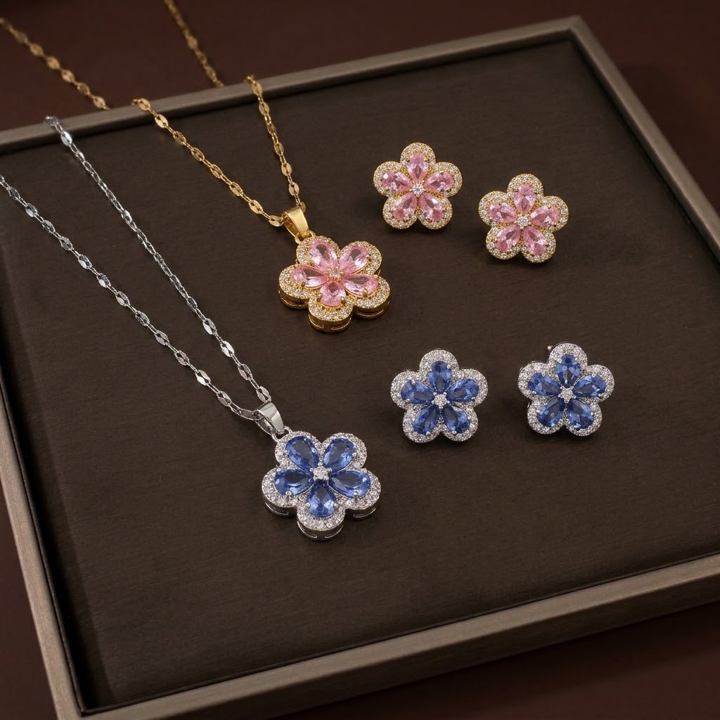 Real Gold Electroplated New Flower Necklace and Earring Set, Titanium Steel, Non-Fading, Niche Luxury, Same Style as Internet Celebrities, One Piece