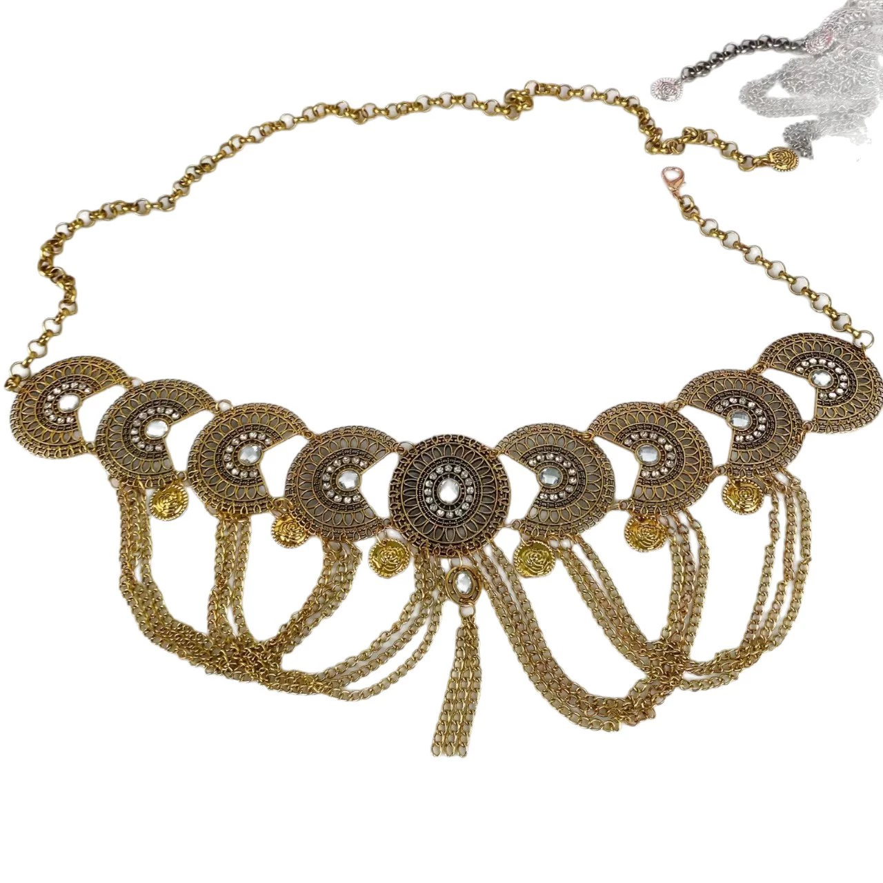 Retro chain with tassels, long coins, sophisticated accessory, high-quality style