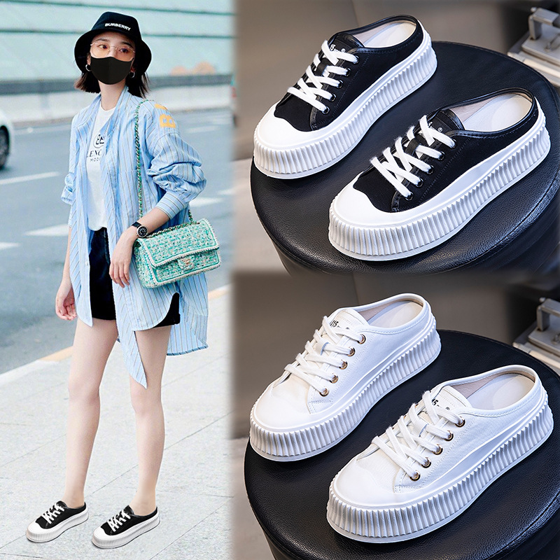 頭層豬皮半拖鞋女2021夏季新款透氣時尚休閑包頭厚底百搭帆布女鞋