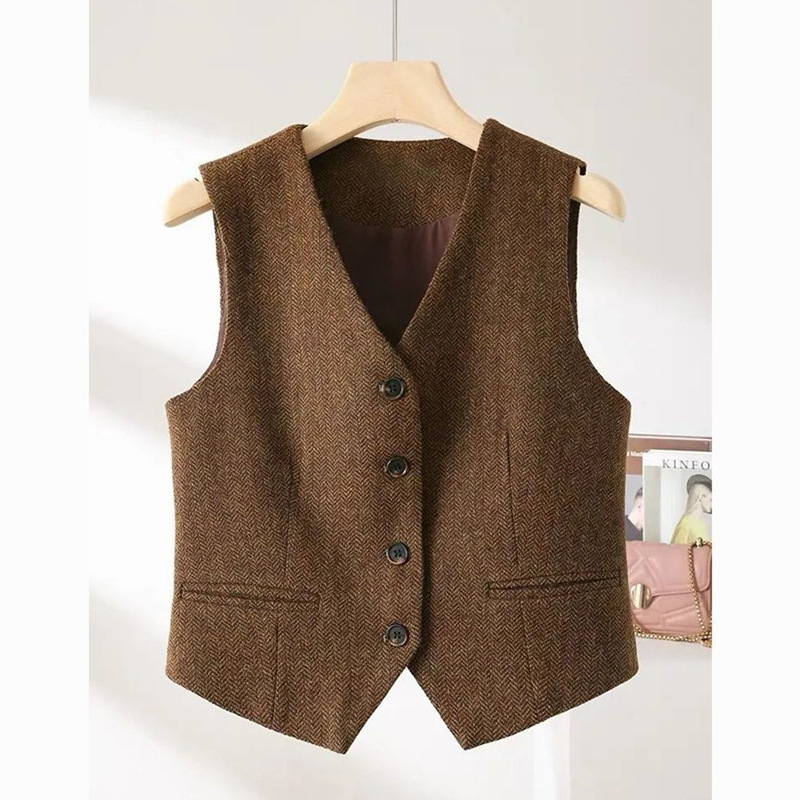2025 Spring and Autumn New Arrival Stacked Wear British Style Vintage Herringbone Woolen Vest Women's V-neck Sleeveless Vest Jacket for Women