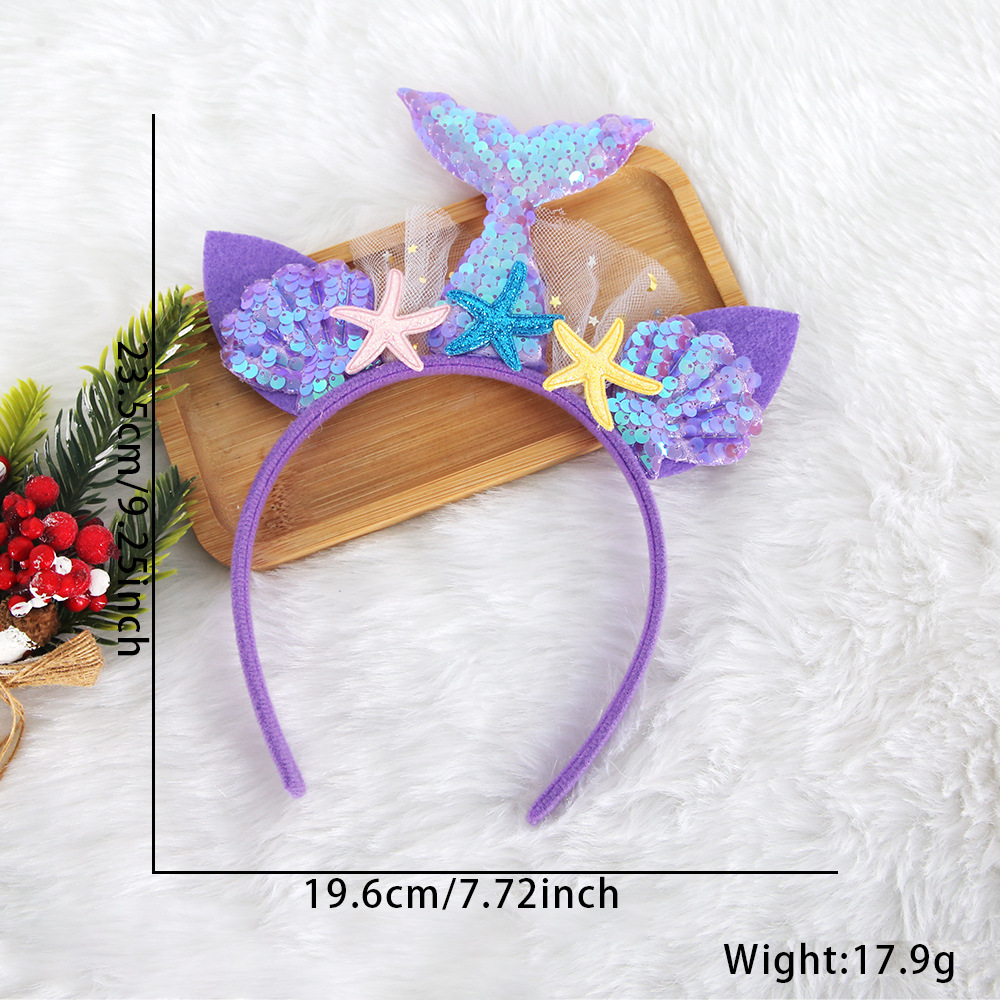 Círculos animados sirena cabello de niños sequilla cola de pez princesa toque de cabeza decoración de fiesta mar estrellas de mar conchas de cabeza de aro