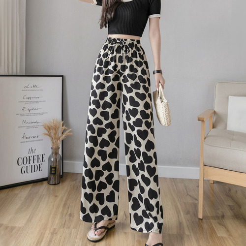 Thailand Printed Heart Wide Leg Pants for Women - Summer Thin Fit Loose Plus Size High-Waisted Slimming Long Pants