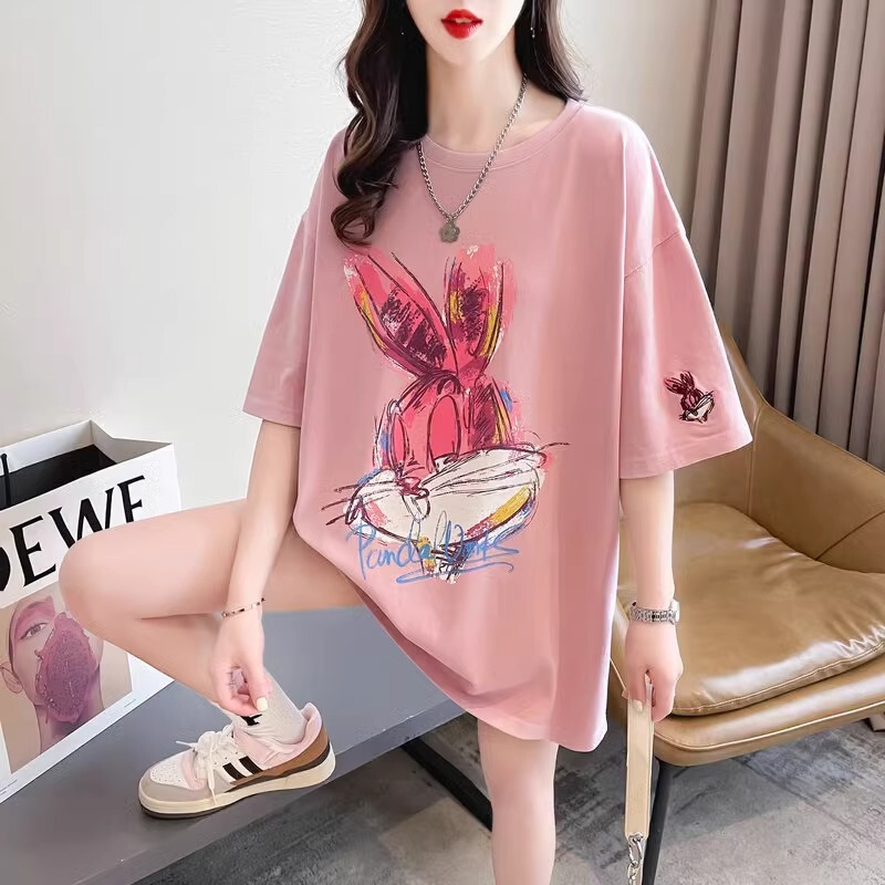 Plus Size Women's Loose Mid-Length Short-Sleeved T-Shirt Women's Summer 2024 New Korean Style Lazy Style Butt-Covering Top
