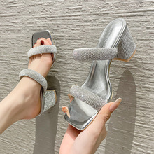 夏季新款高跟凉鞋女鞋时尚气质方头粗跟ins银色网红潮流跨境电商