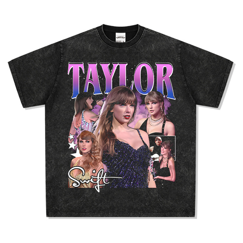 Taylor Swift estilo americano de la calle marca de moda impresión retro hacer viejo lavado pesado suelto manga corta