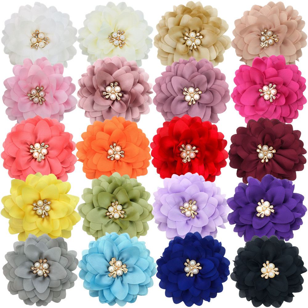 In-Stock 8cm Satin Lotus High-End Cross-Border Headwear Flower Supply Pearl Diamond Embellished Fabric Lotus Accessory