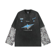 假两件格子拼接长袖T恤男士嘻哈潮流设计感洗水星星印花春秋上衣