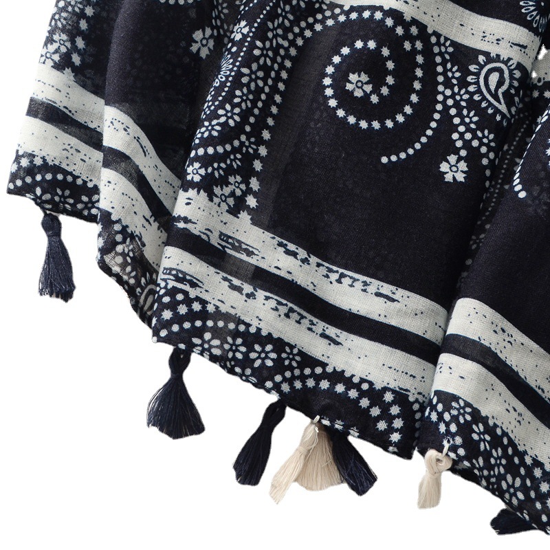 Estilo étnico retro anacardo flor decorativa borla larga bufanda playa protector solar Toalla de playa algodón y lino las mujeres sienten chal