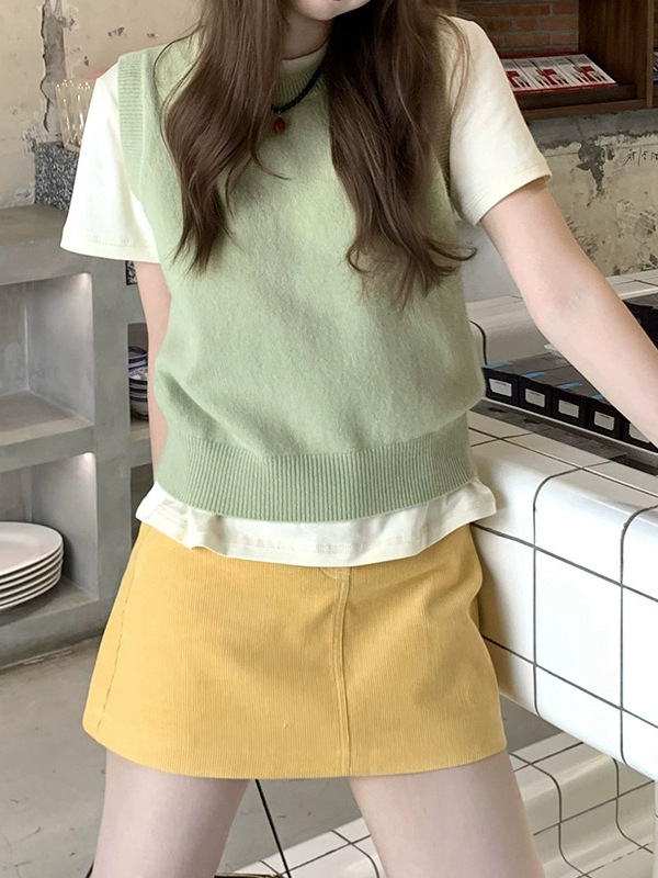 槿一 松仁与金酒 三色羊毛混纺马甲无袖圆领针织背心上衣女秋冬|undefined
