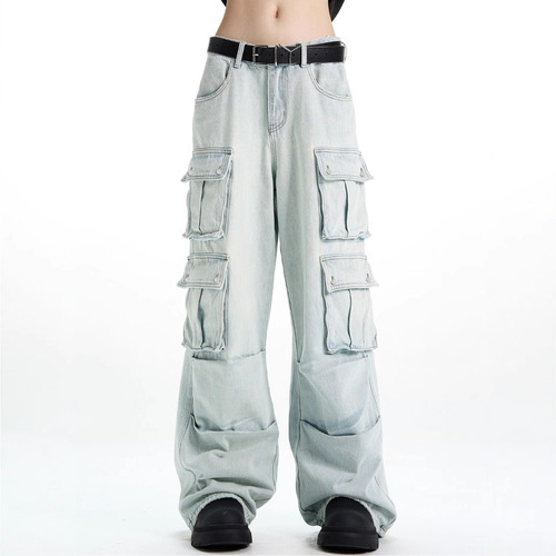 American Retro Multi-Pocket Washed Straight Leg Workwear Jeans for Men and Women Street Wide Leg Casual Pants Trend Brand
