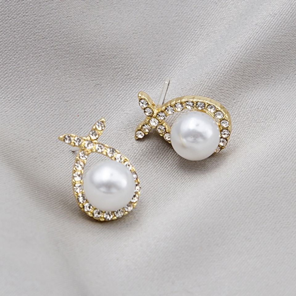 Retro Water Drop Cross Pearl Full Diamond Earrings display picture 6