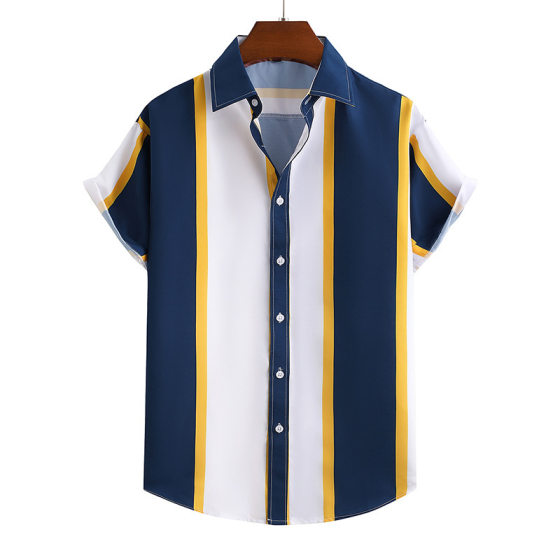 2023 cross-border European and American new men's loose 3D printed short-sleeved shirt plus size striped cardigan lapel shirt