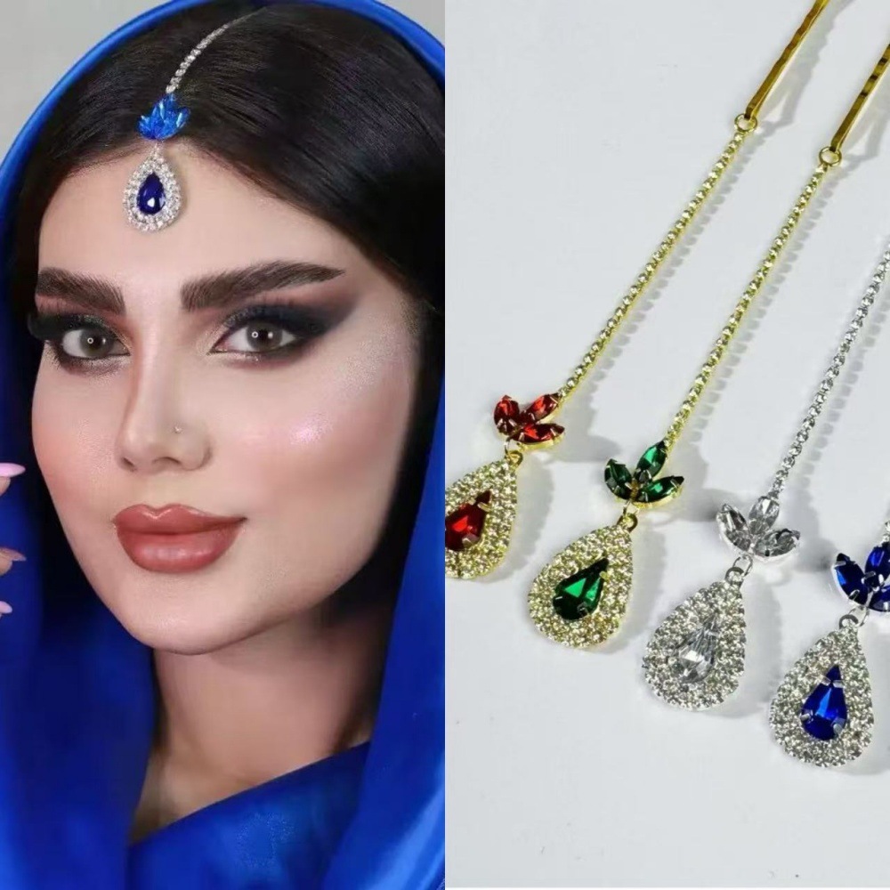 Cross-border exotic style multi-color water drop eyebrow pendant simple traditional Indian rhinestone forehead ornament hair clip hair clip headdress