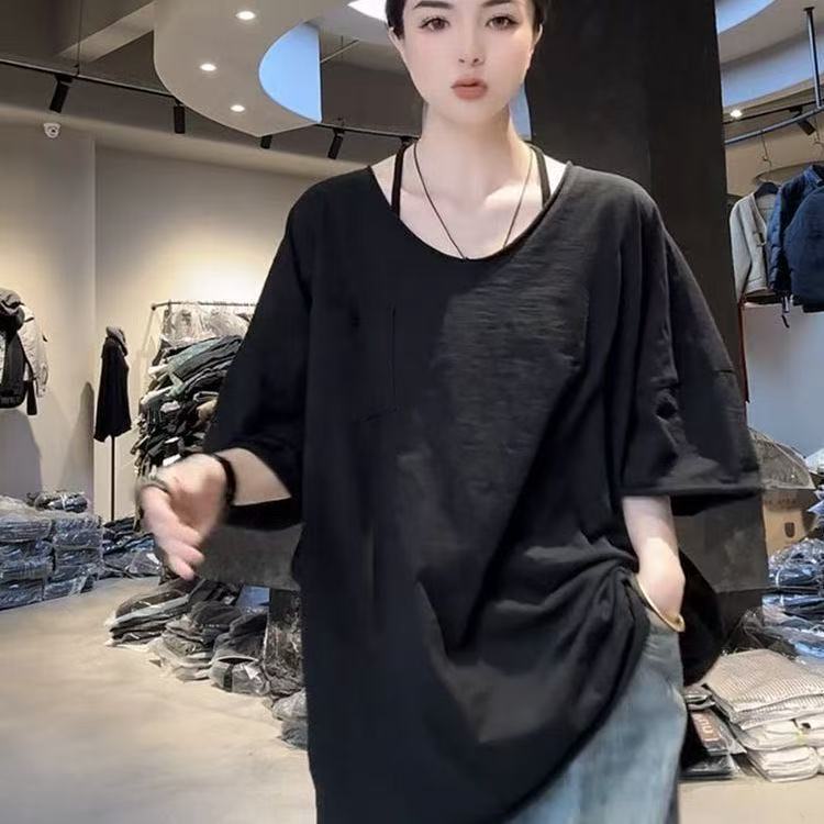 Plus-Size Women's 45-150kg New Summer Stylish Loose-Fitting Mid-Length Short-Sleeve T-Shirt That Covers the Belly