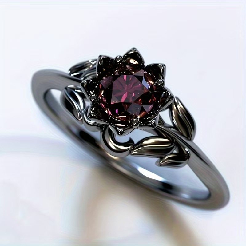 Red Gemstone Flower Ring Black Steel