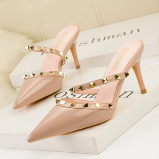 899-46 European and American Sexy Slimming Look High-Heeled Shallow Mouth Pointed Toe Cut Out Metal Rivets Women's Shoes with Patent Leather Sandals