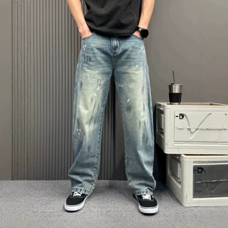 美式复古渐变水洗泼墨牛仔裤男宽松弯刀阔腿直筒痞帅高街拖地长裤