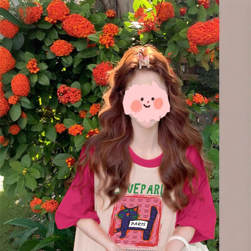 Summer Dopamine Wear Cotton Cat Short-sleeved T-shirt Women's Contrast Raglan Sleeve Unique Super Good-looking Single-wear Top