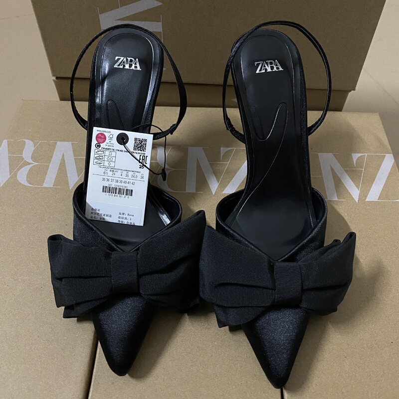 ZAJ2025 Summer New Women's Shoes Dew Heel Bow High Heels Pointed Rear Empty Fairy Style Sandals ZAJ2025 Summer New Women's Shoes Dew Heel Bow High Heels Pointed Rear Empty Fairy Style Sandals