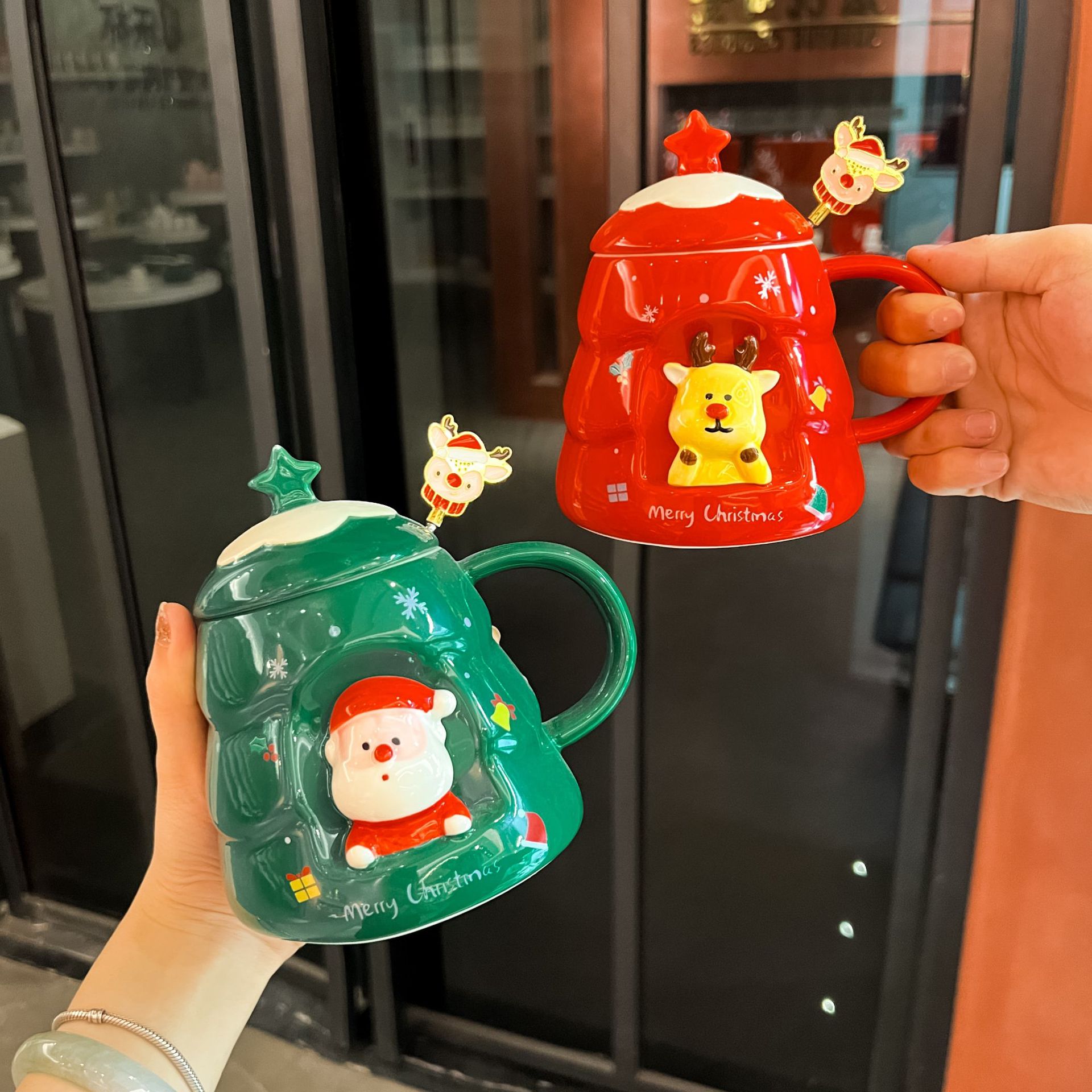 陶瓷圣诞杯高颜值卡通陶瓷杯送礼实用礼品马克杯带盖勺礼物礼盒装