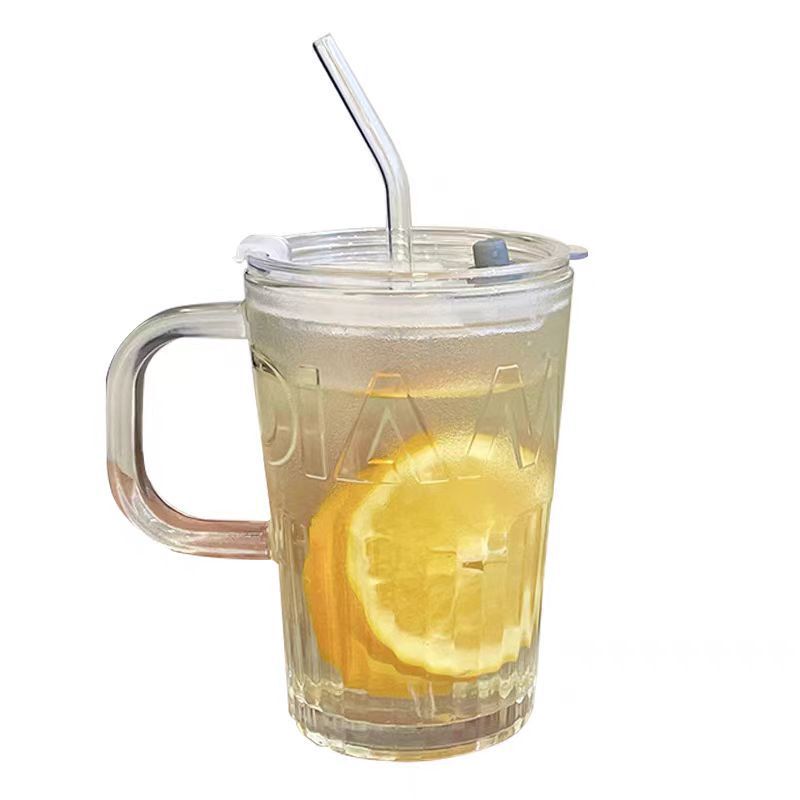 ガラス製ストロー付きコーヒーダブルドリンクカップ、ガラス製ウォーターカップ、コールドブリューミルク用蓋付き、文字入りハンドル付きストロー付きガラスカップ|undefined
