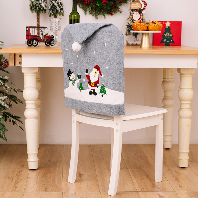 Decorações de Natal para casa Capa de cadeira cinza estampada para idosos Boneco de neve Capa de cadeira não tecida Chapéu de Natal_voghion.com