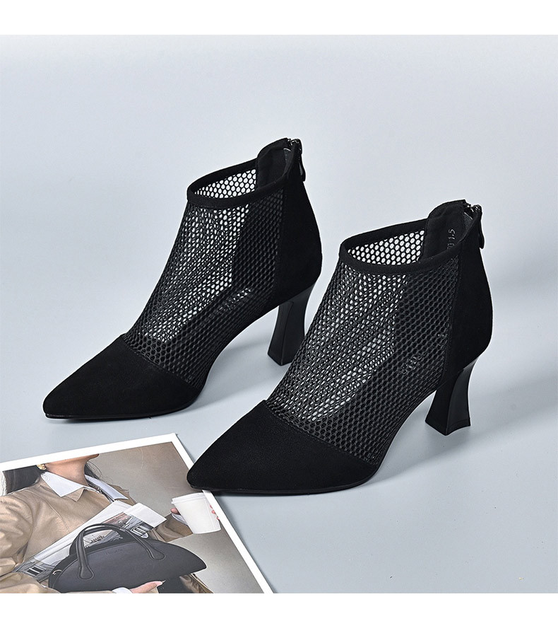 Sandal lưới khoét lỗ mũi nhọn cao gót 6,5 cm — Da cừu mờ + sợi lưới 6,5 cm Gót chi tiết 8